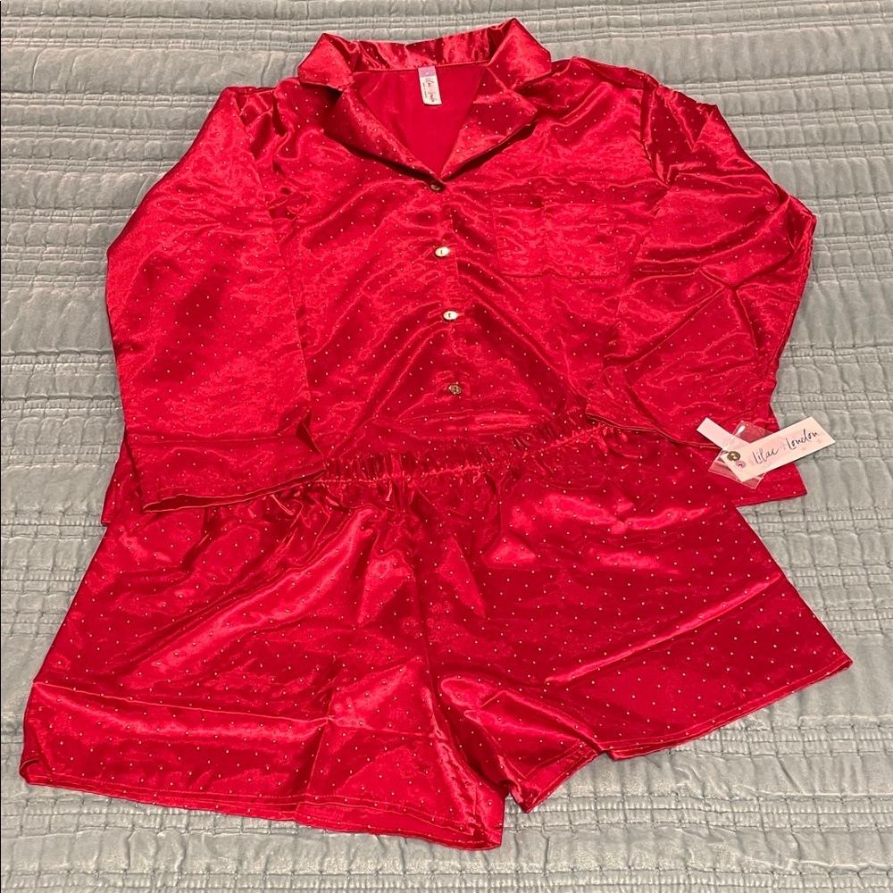 Elegant Red Satin Polka Dot Pajama Set